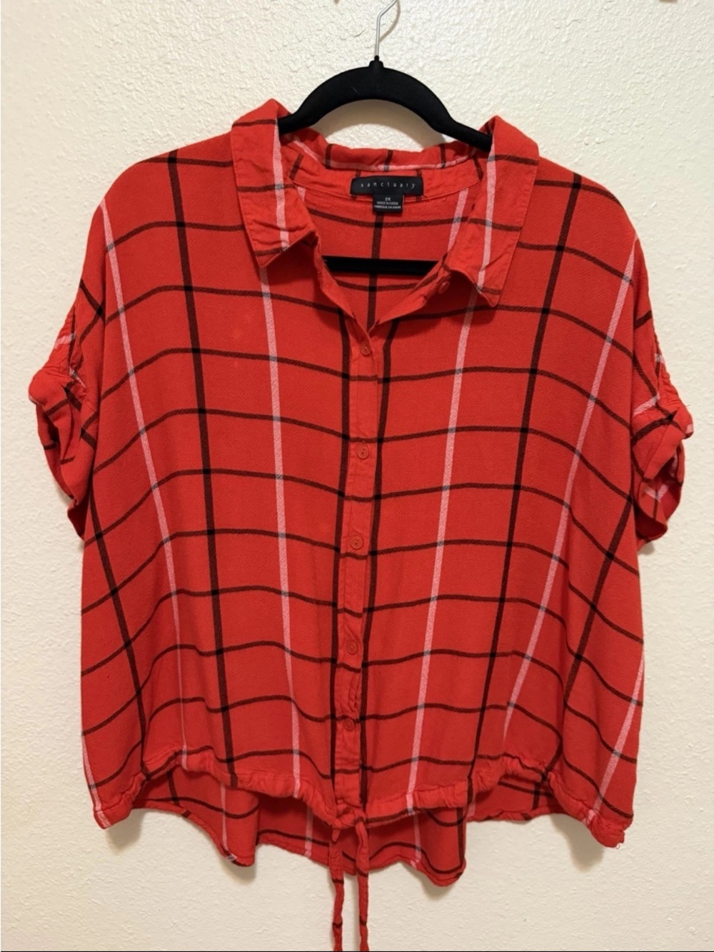 Sanctuary Red Plaid Cropped Blouse 2X Tie Hem Flowy Top